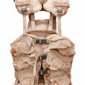 Arnés Táctico Militar Tipo Pesca Camuflaje Desértico – Material de Baja del Ejército en Excelentes Condiciones